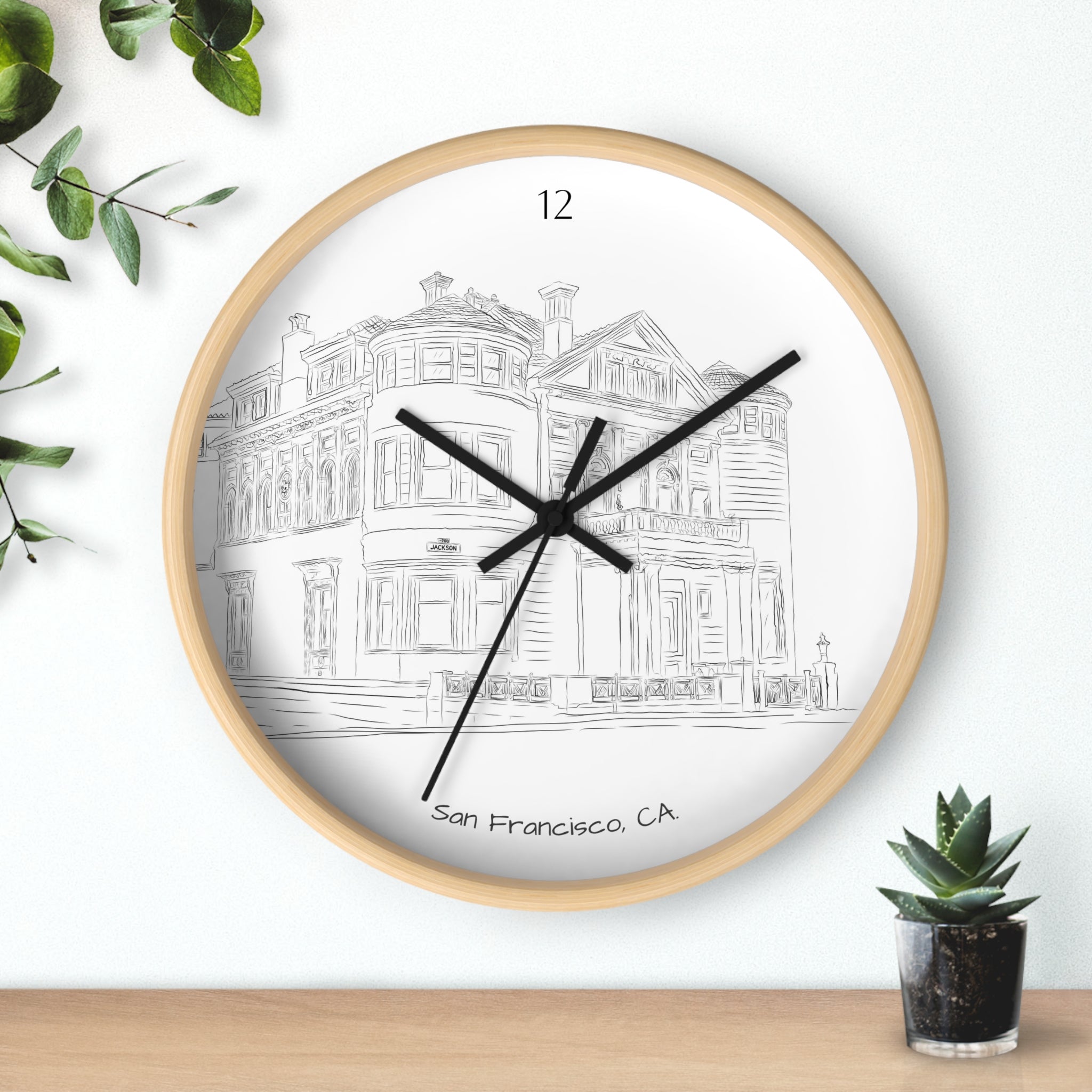 San Francisco Iconic Houses Wall Clock – Black & White City Illustration