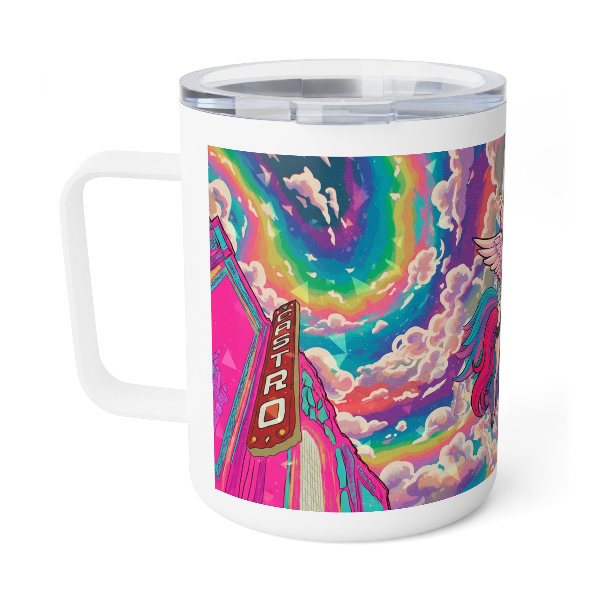 Insulated Coffee Mug 10oz – Castro Unicorn Pride Rainbow Design