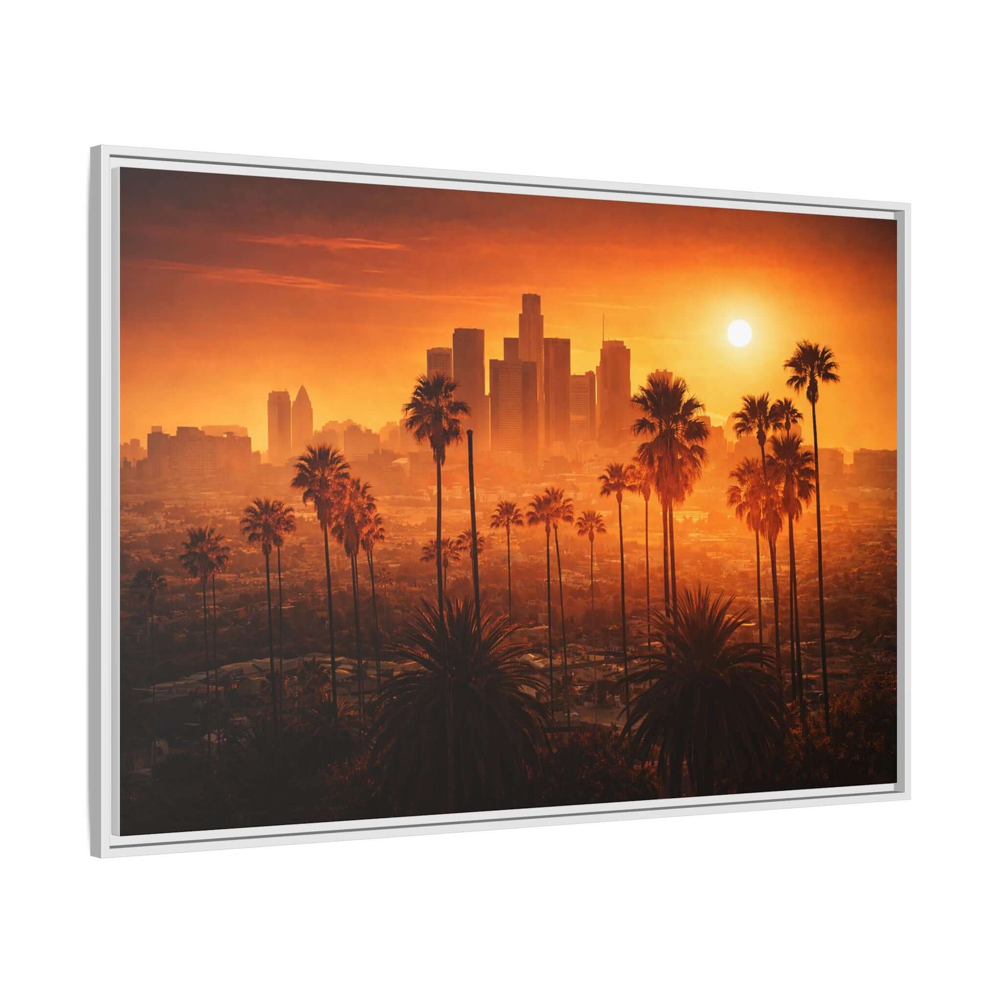 Sunset Los Angeles Skyline Matte Canvas, Framed | Palm Trees Cityscape Wall Art